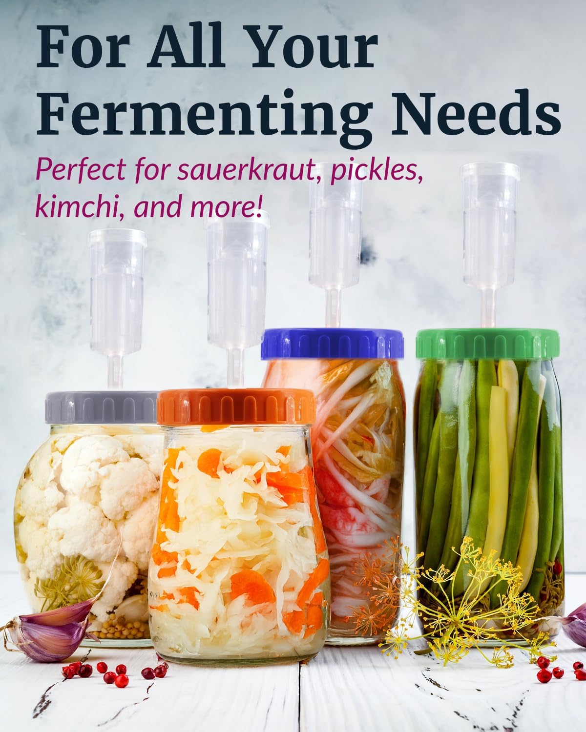 Fermentation Lids Set of 2 - Make Delicious Kimchi & Sauerkraut at Home, Starter Fermentation Kit for Wide Mouth