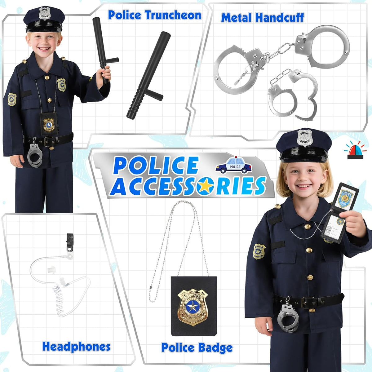 Police Costume for Kids 3-8, Cop Pretend Play Toys for Dress Up