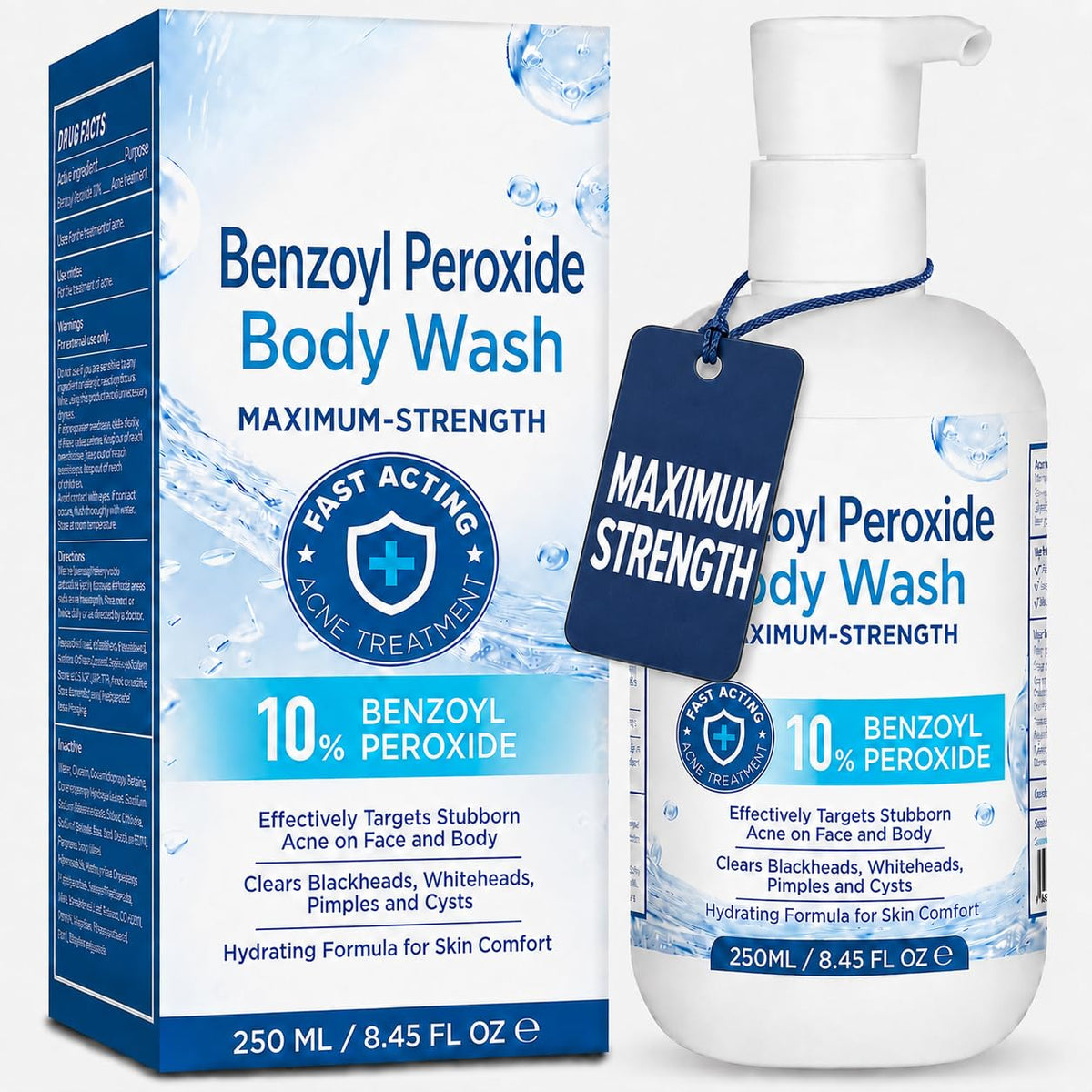 Benzoyl Peroxide Body Wash: 10% Benzoyl Peroxide Acne Wash for Face, Skin, Butt, and Back Acne - Maximum-Strength