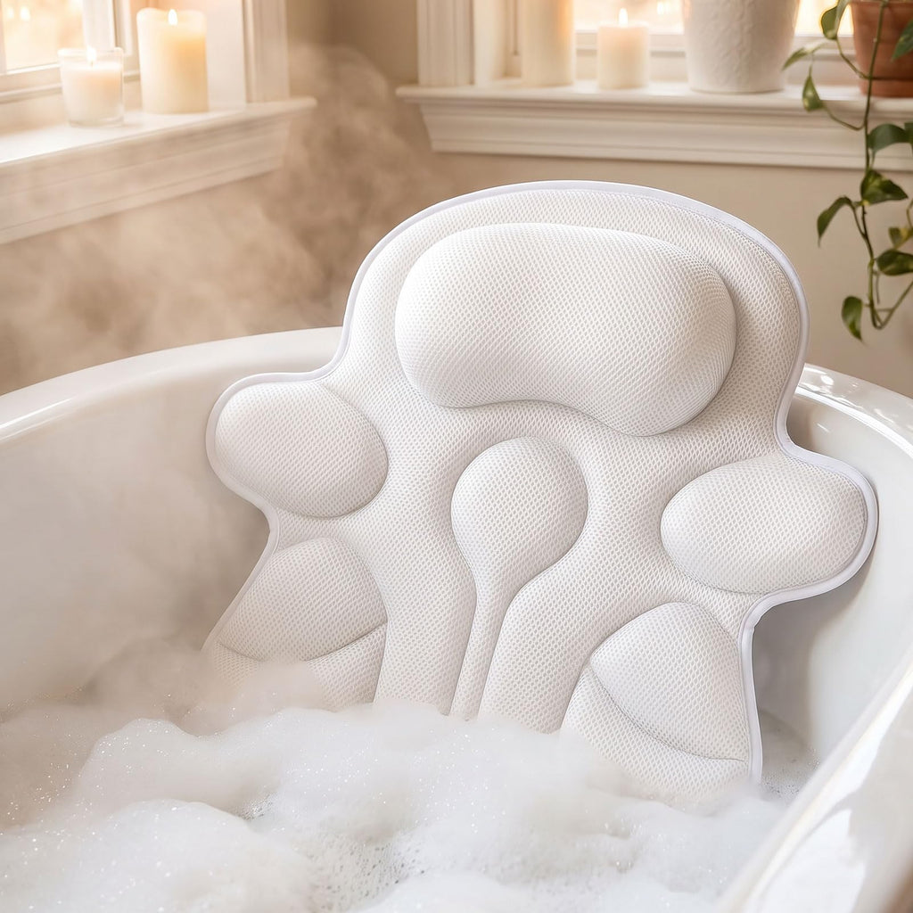 Bath Pillows for Tub, 4D Breathable Mesh Tub Cushion Neck Back Support with 6 Suction Cups Hanging Hook White