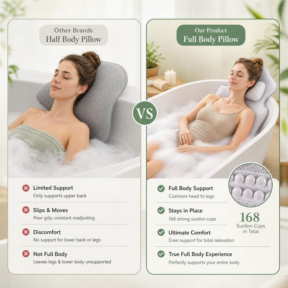 Full Body Bath Pillow for Tub, 55"x17" 5D Air Mesh Cushion with Lumbar & Neck Support – 168 Non-Slip Suction Cups Spa