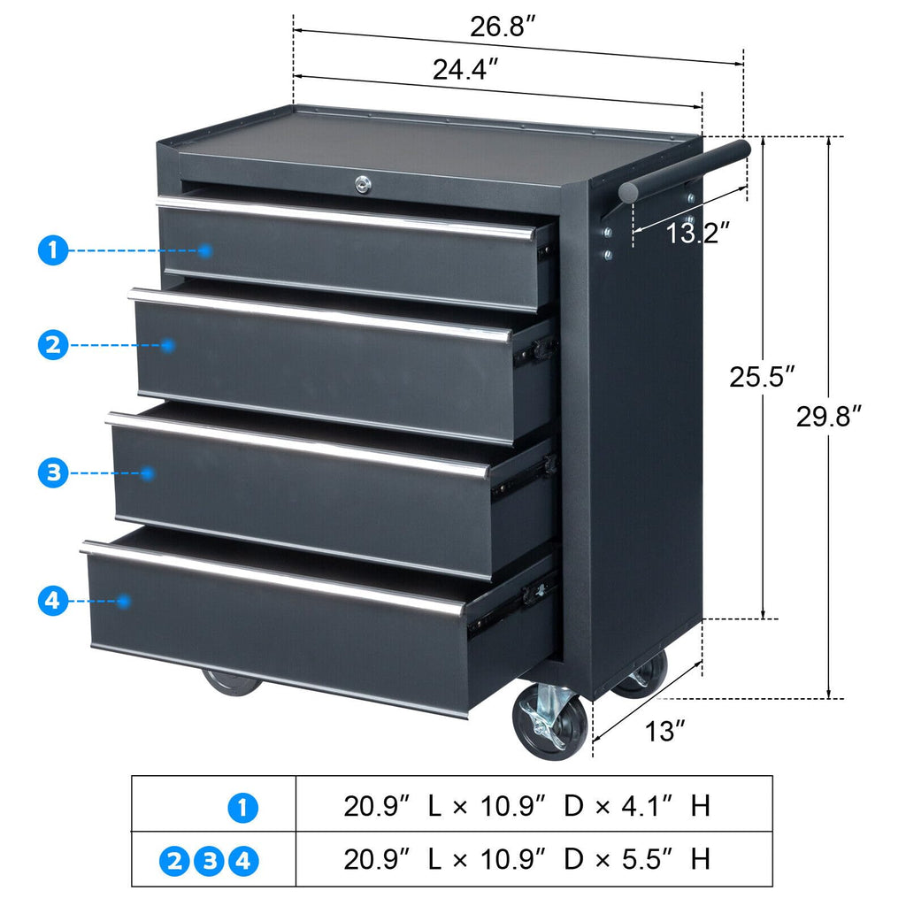 4 Drawer Rolling Tool Cabinet, Lockable Steel Tool Chest, Black