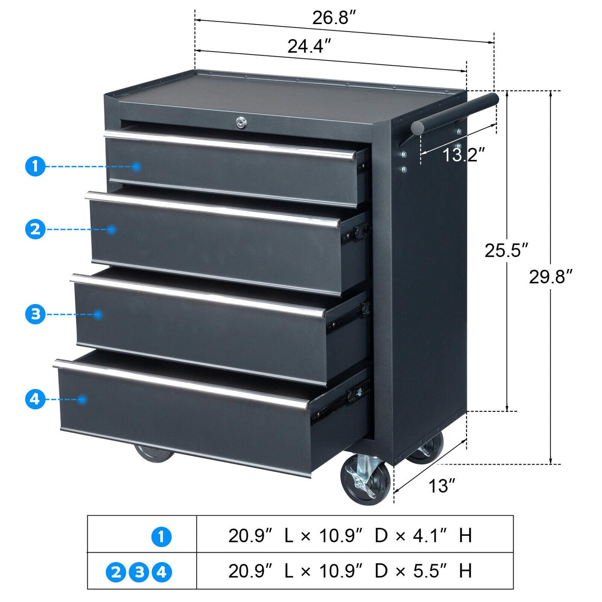 4 Drawer Rolling Tool Cabinet, Lockable Steel Tool Chest, Black