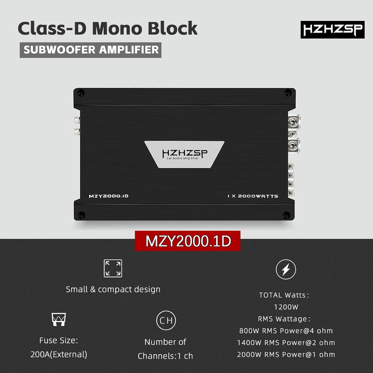 2000W RMS Class D Monoblock Car Subwoofer Amplifier, 1 Ohm Stable | Low Pass & Subsonic Filter, Bass Boost, Aluminum