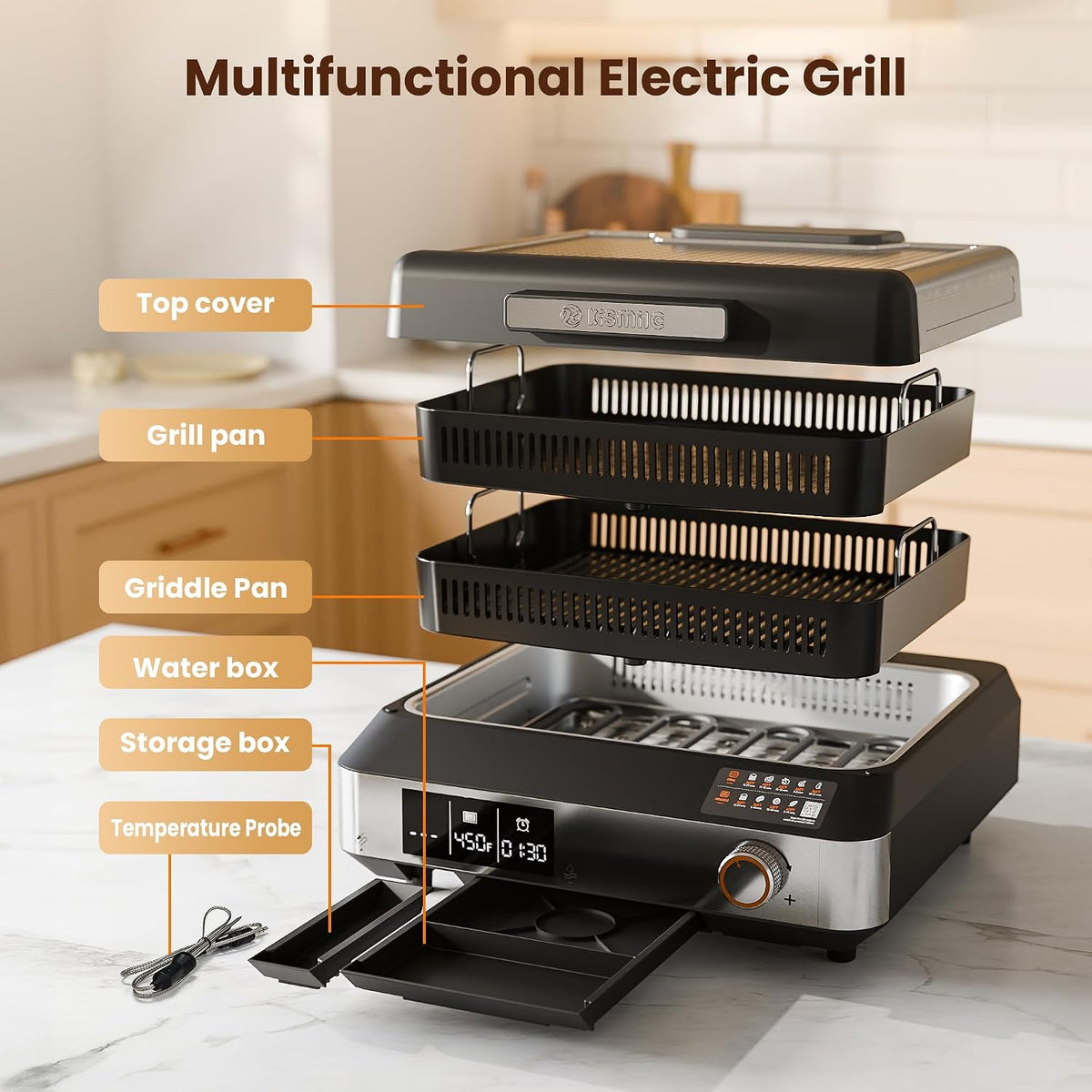 2-in-1 Smokeless Electric Grill,Digital Display,Meat Probe,Nonstick | Indoor Grill and Griddle Combo,Dishwasher