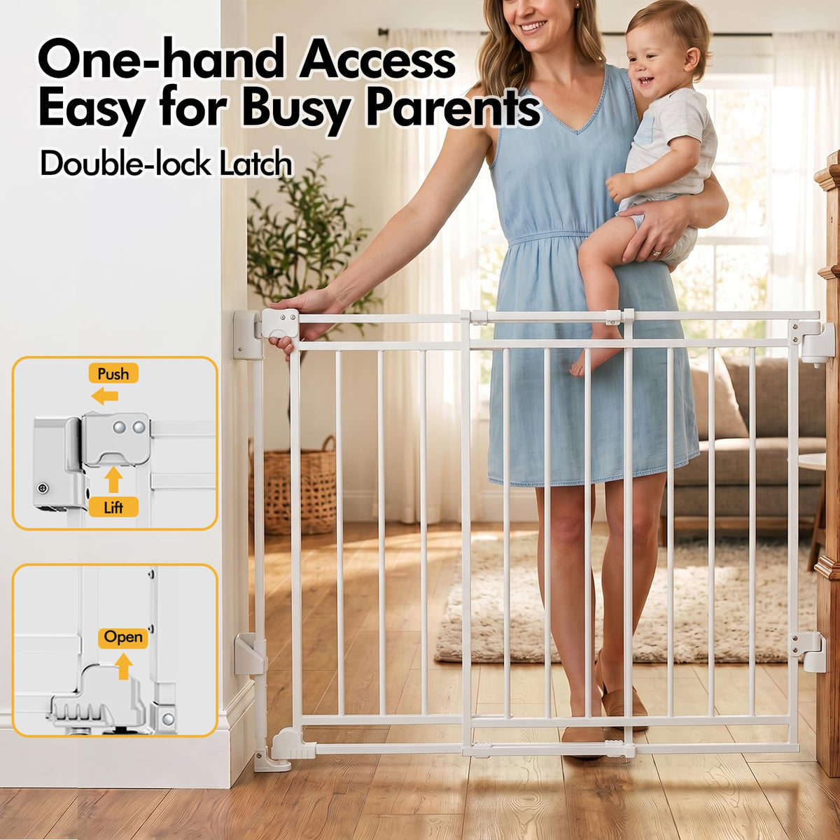 39" H x 26.4-43" W Extra-Tall Adjustable Hardware/Pressure-Mounted Pet & Child Safety Gate with Dual-Lock Walk-Through Swing Door for Stairs, Hallways & Wide Doorways — White