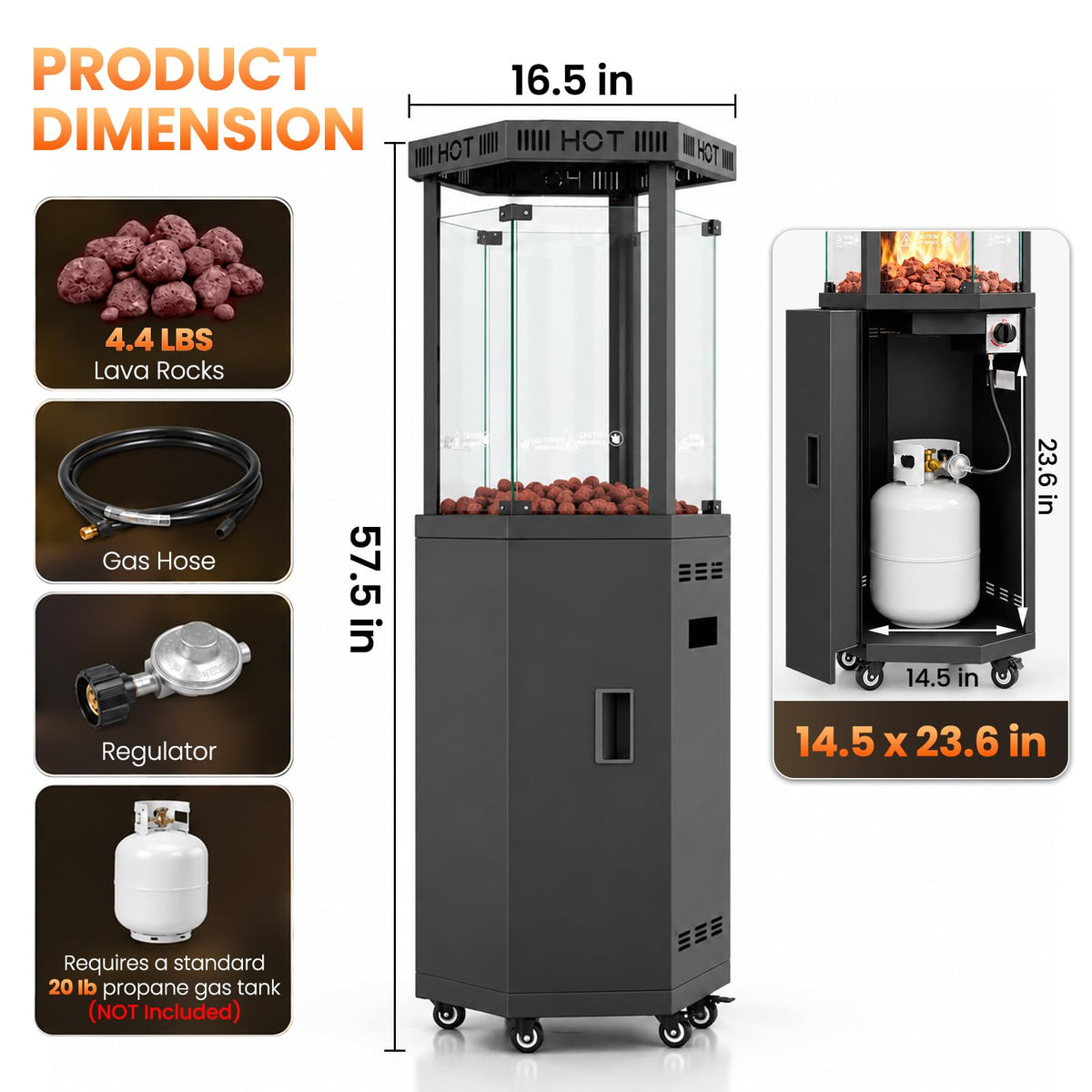 Outdoor Patio Heater, 41,000 BTU Propane Glass Flame Tower with Wheels