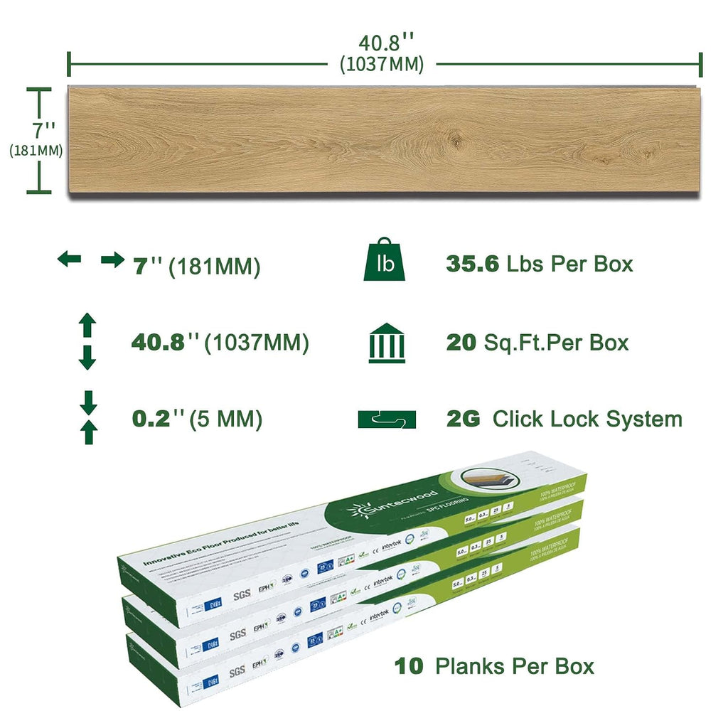 Click Lock SPC Luxury Vinyl Flooring Plank | 5mm Thick | 40.8 x 7 Inch | Wood Textured | Rigid Surface Hard Core |