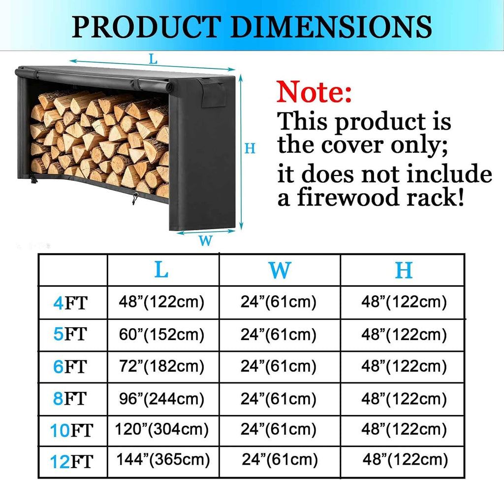 Outdoor Firewood Log Rack Cover, 4/5/6/8/10/12 FT Heavy Duty 600D Oxford Waterproof Weather Resistant Fire Wood