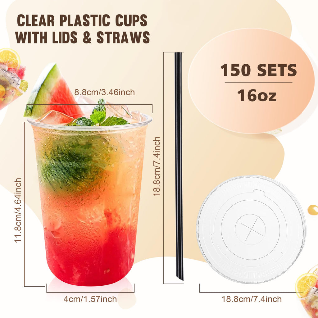 150 Set 16oz Clear Plastic Iced Coffee Cups with Lids and Straws