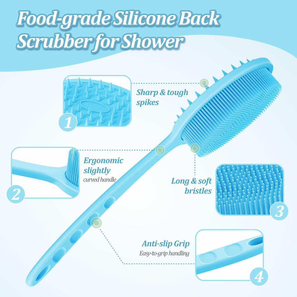 Silicone Back/Body/Face Scrubber & Soft Bath Glove Set 4PCS, Gentle Exfoliating Back & Body Scrubber with Dual-Side