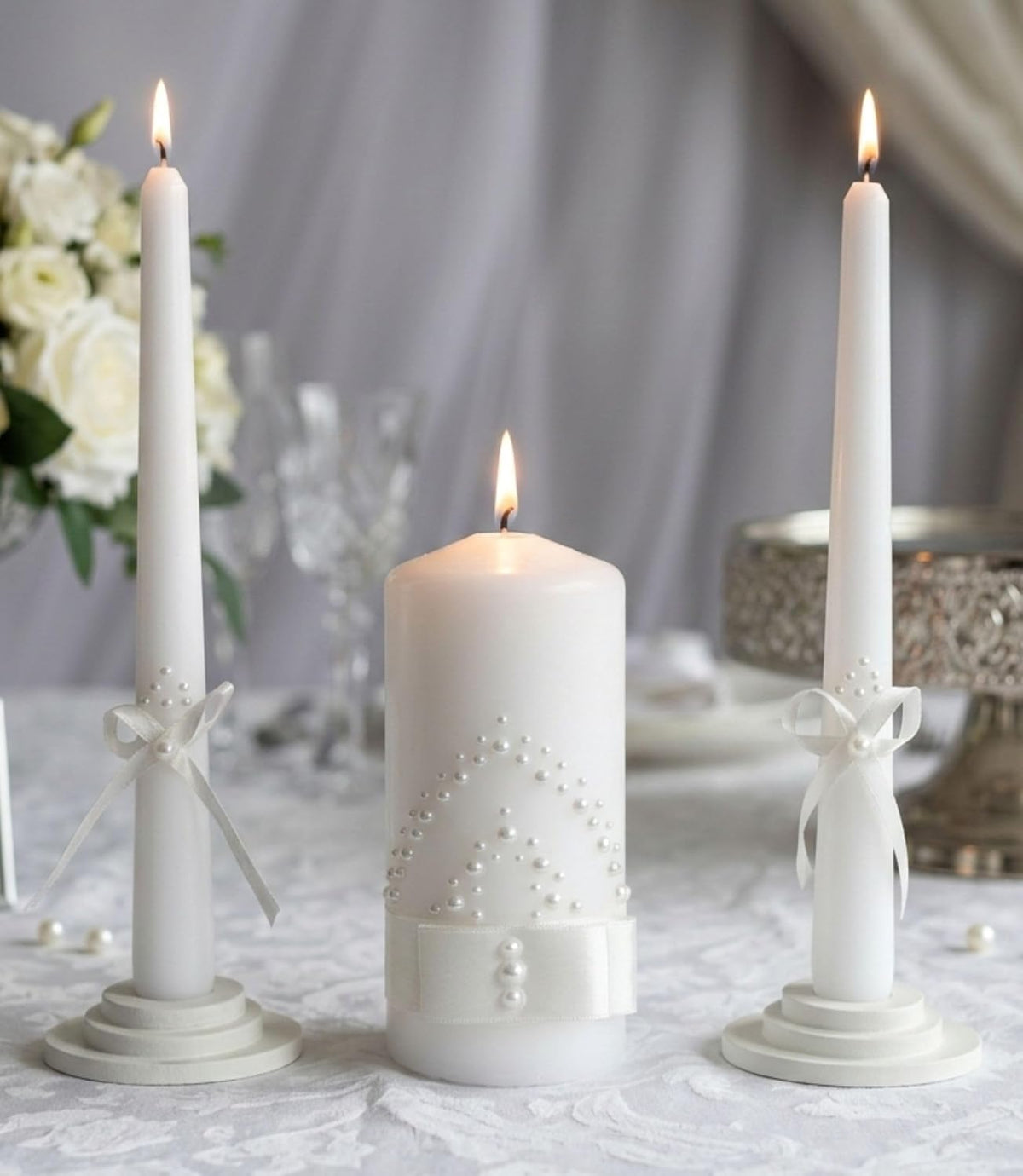 Pearl Promise Unity Candle Set for Wedding Ceremony Handmade White 6" Pillar & 2 Taper 10" Candles with Pearl Ribbon