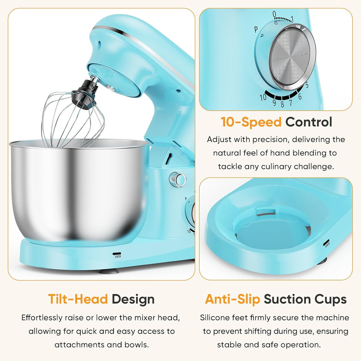 Stand Mixer 6.3QT, Kitchen Electric Mixers Alternative | 10-Speed Dough Hook, Whisk, Beater & Splash Lid, Multi-Cover