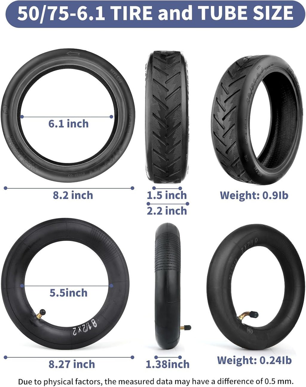 8.5 Inch Tire Tube Bent Valve 50/75-6.1 Scooter Rear Tire Replacement for Gotrax/Xiaomi Etc Electric Scooters, Thickened 8.5x2 Inner Tube Bent Valve 90 ° （1 Set）