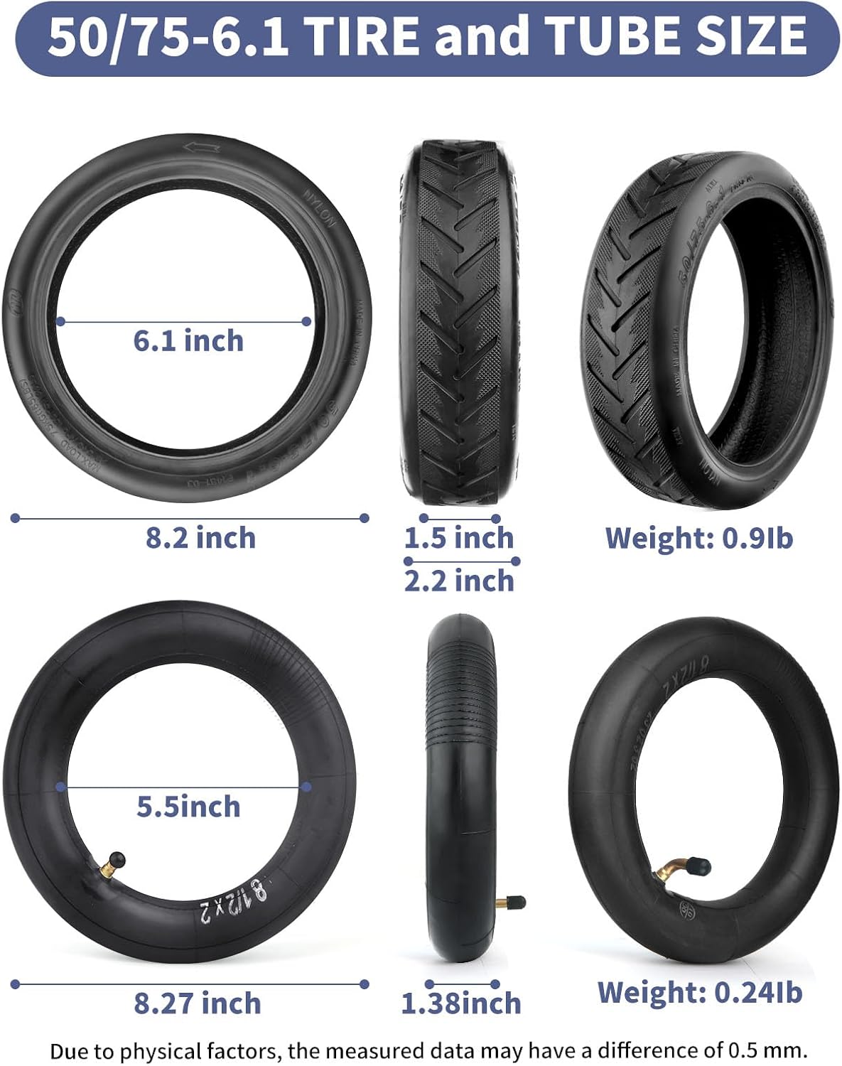 8.5 Inch Tire Tube Bent Valve 50/75-6.1 Scooter Rear Tire Replacement for Gotrax/Xiaomi Etc Electric Scooters, Thickened 8.5x2 Inner Tube Bent Valve 90 ° （1 Set）