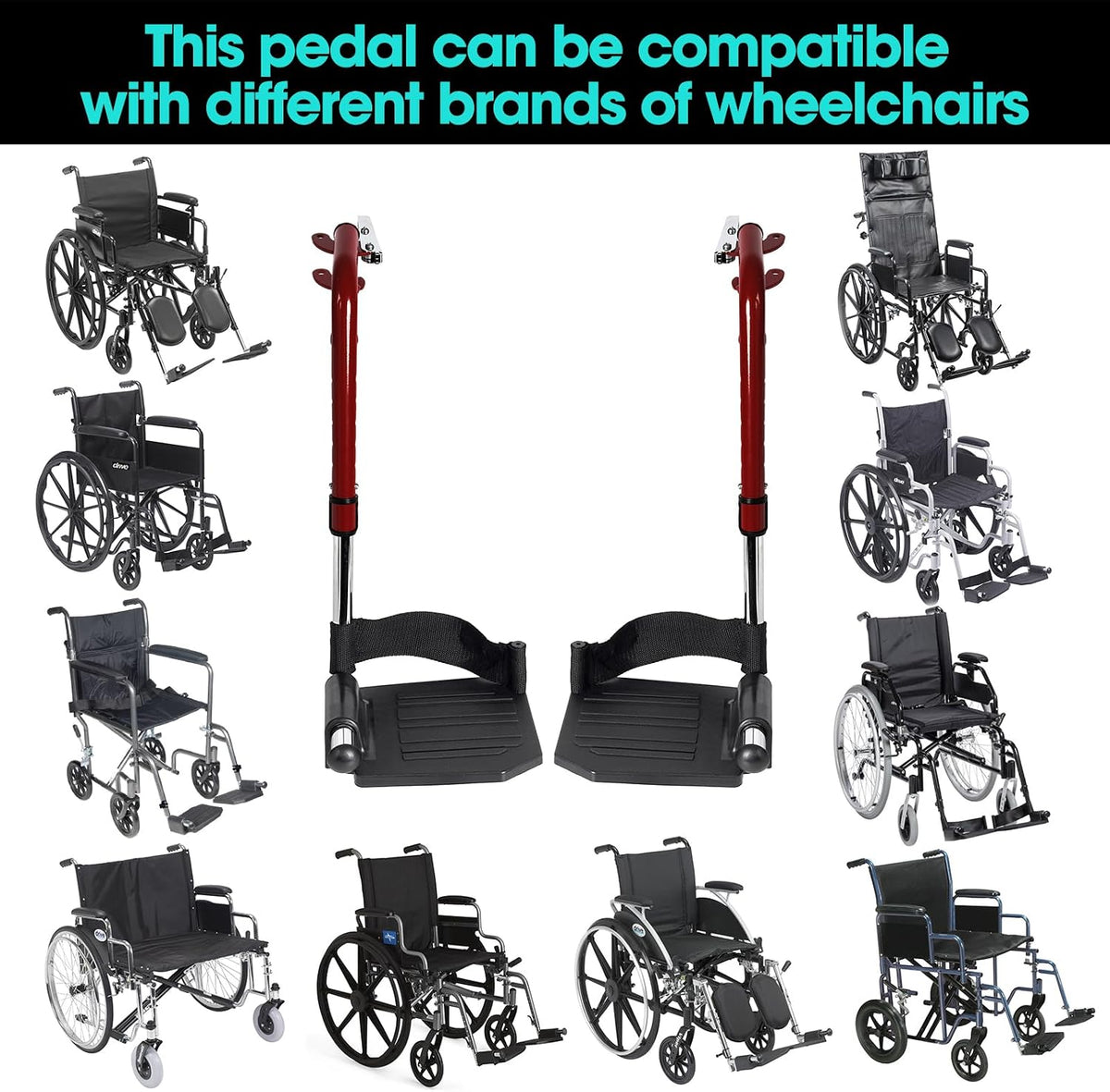 Wheelchair Footrest Replacement - Adjustable Composite Footboard & Heel Loop, Universal Foldable Foot Rest, Red, Lightweight,Affordable Easy Installation(1 Pr, Deepred)