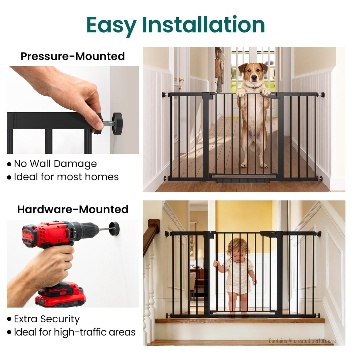 30-54" Extra-Wide Adjustable Hardware/Pressure-Mounted Pet & Child Safety Gate with Auto-Close Walk-Through Door for Stairs, Hallways & Wide Doorways — Black