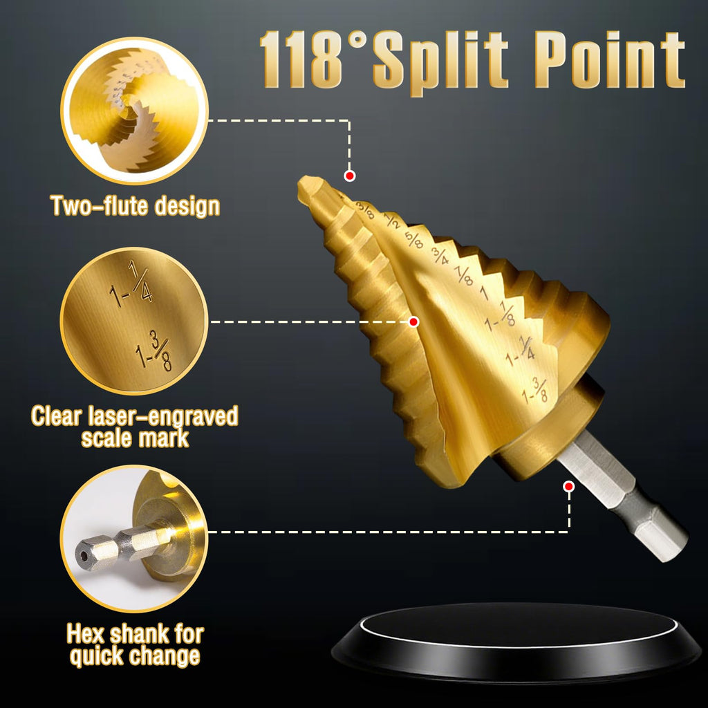 Step Drill Bit Set - 5PCS Titanium HSS Step Bit with Two Spiral Flutes