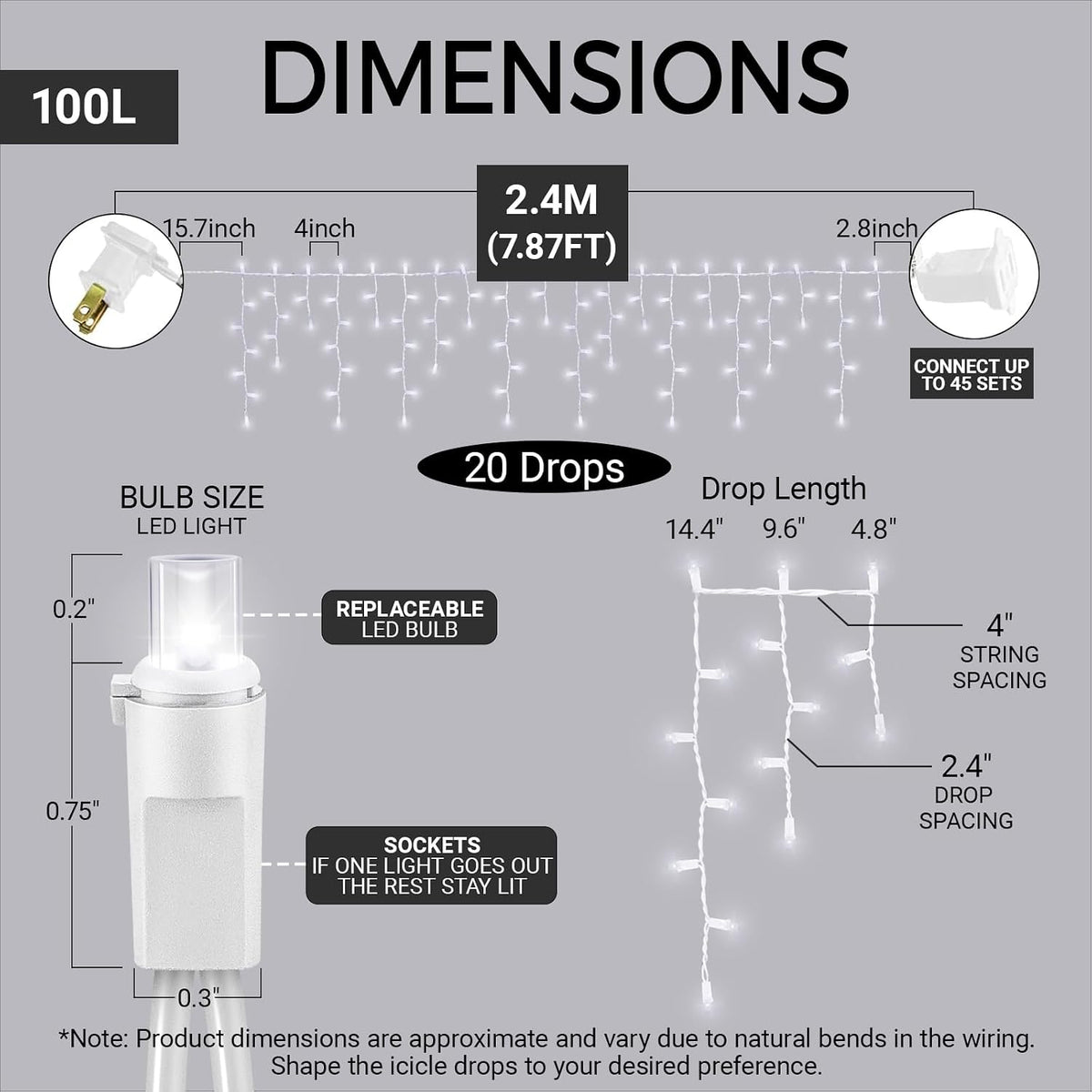 100 LED Icicle Lights String Light Warm white Christmas Decoration Plug in Waterproof Professional Grade Outdoor