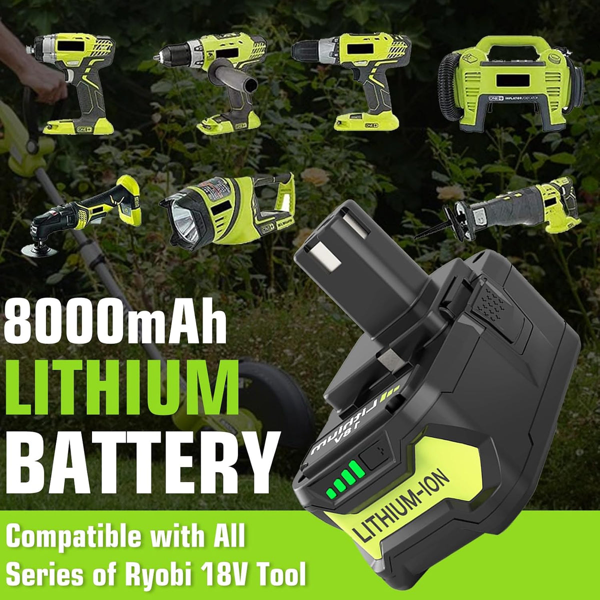 2 Packs 8Ah Replacement for Ryobi 18V Battery P108 and P117 Charger(Green)
