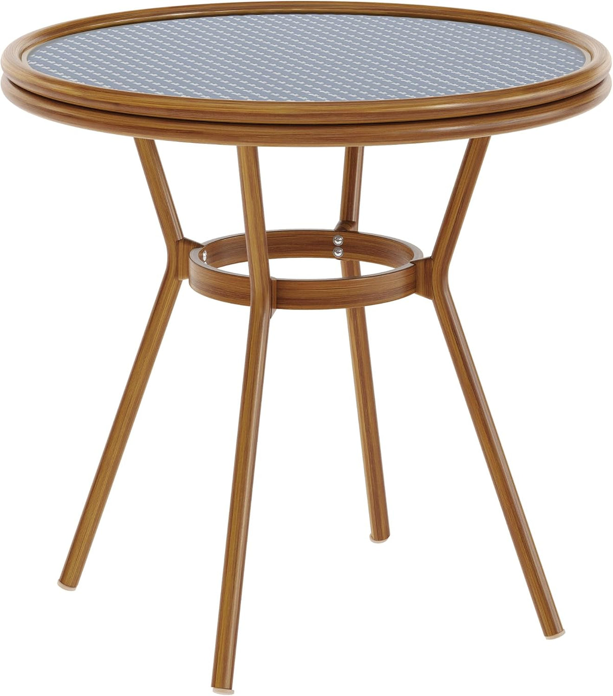 Indoor/Outdoor Commercial Bistro 31.5" Table, Navy and White PE Rattan, Glass Top, Bamboo Print Aluminum Frame in