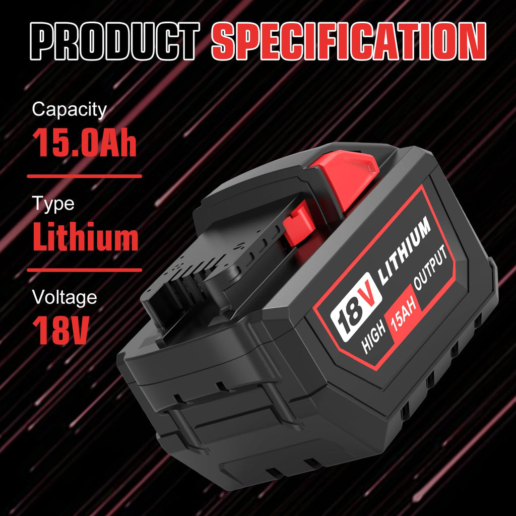 2Packs Extended 15Ah High Output Replacement for Milwaukee 18V Battery