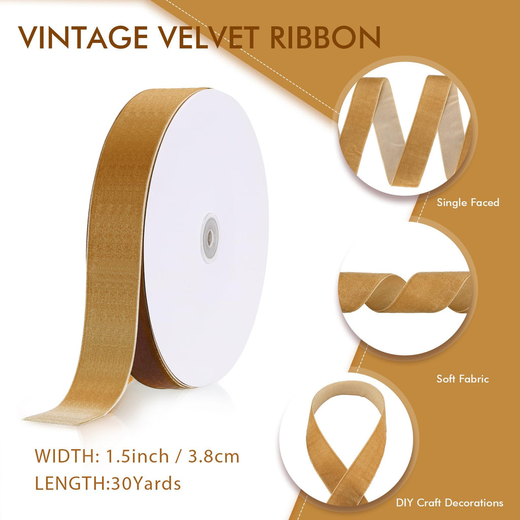 Khaki Christmas Velvet Ribbon Bow Decor, 1.5 Inch, 30 Yard