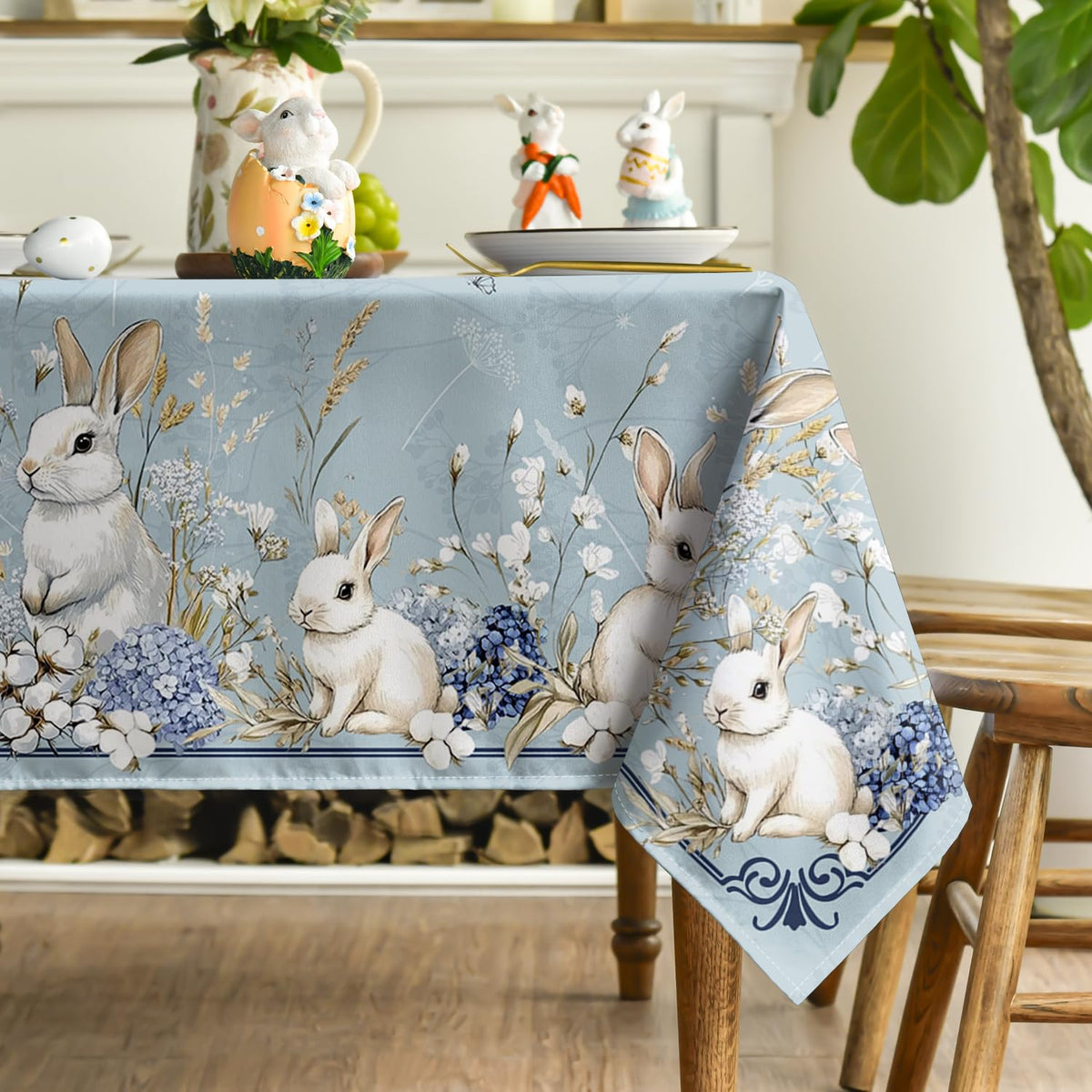 Easter Tablecloth 60 x 84 Inch Rectangular Blue Easter Bunny