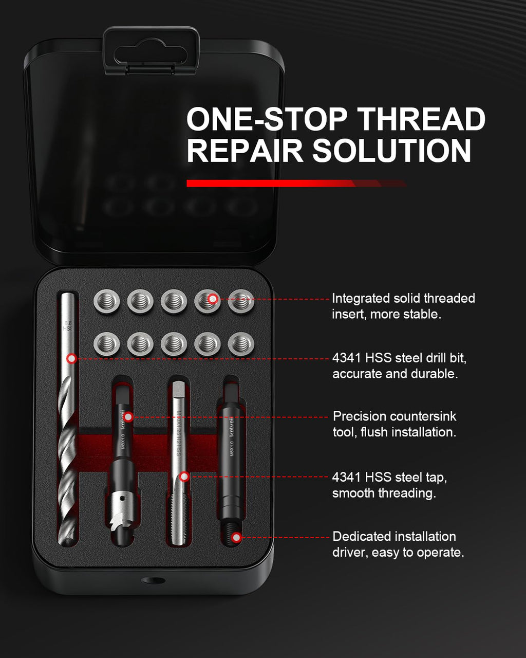 Kolvoii M8x1.0 Thread Repair Kit, 10 Solid 304 Stainless Steel Inserts