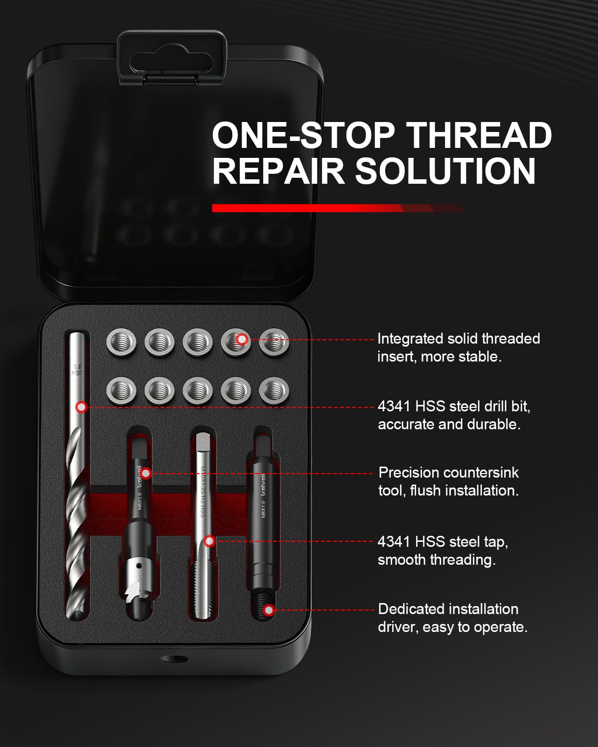 Kolvoii M8x1.0 Thread Repair Kit, 10 Solid 304 Stainless Steel Inserts
