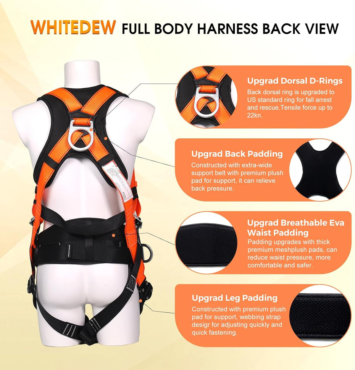 Fall Protection Premium Safety Harness with Shock Absorbing Lanyard, Vented & Padded Shoulder, Legs & Back - Upgrade