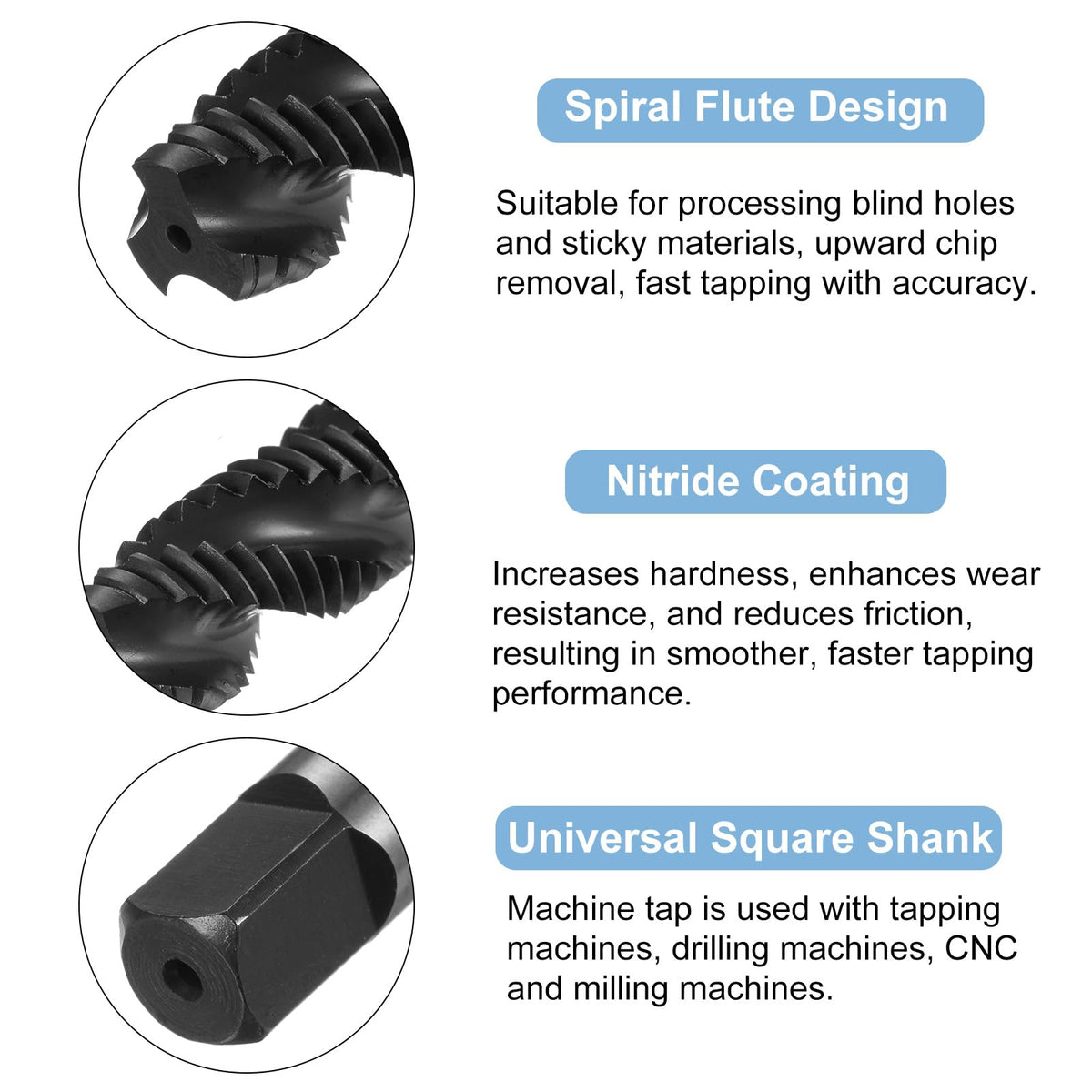 uxcell M12 x 1.75 Spiral Flute Thread Tap, Metric Machine Threading Tap HSS Nitriding Coated, Round Shank with Square End, H2 Tolerance, 2pcs