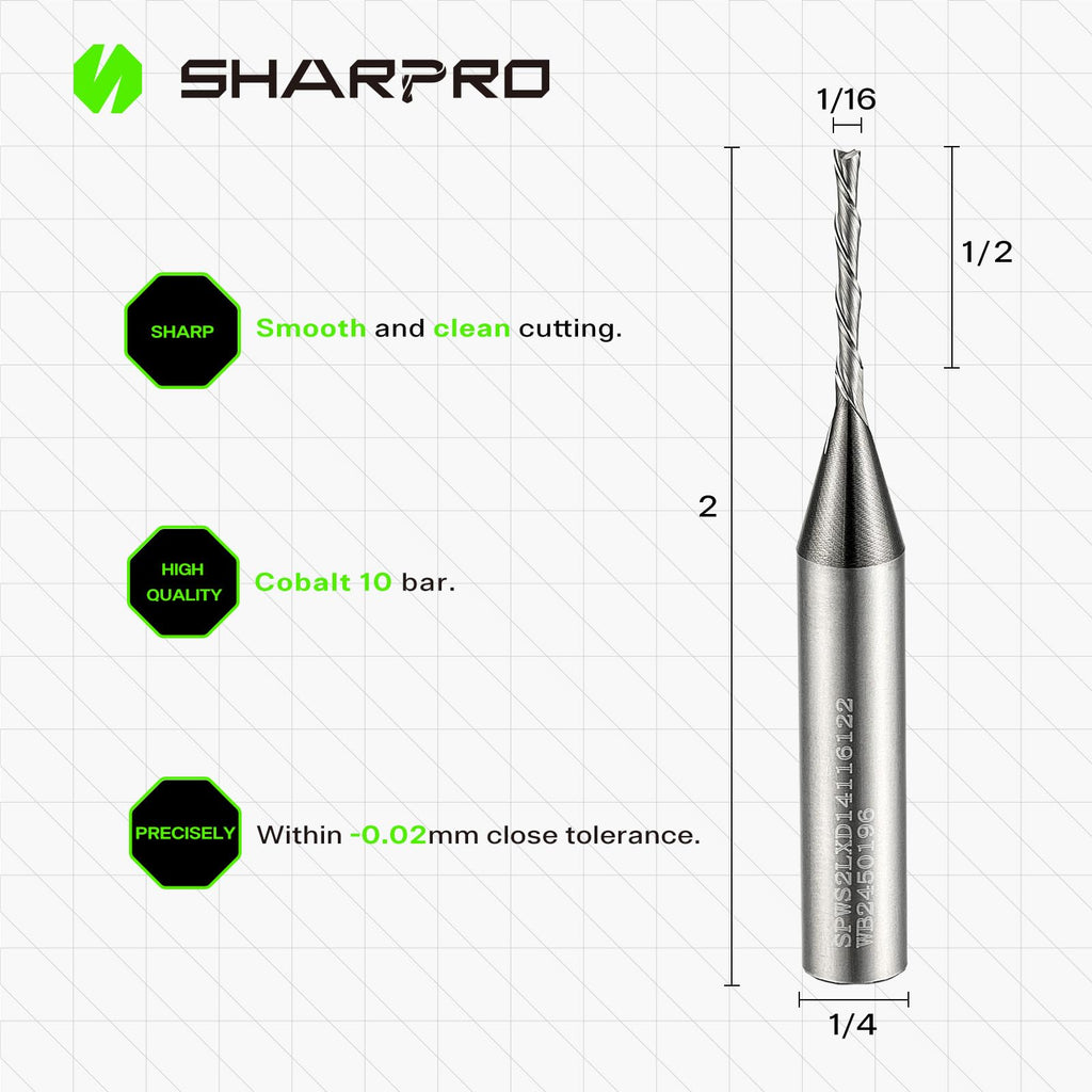 1/16 Router Bits 1/4 Shank, Spiral Downcut Router Bit, 1/16 Inch CNC Router Bits, Down Cut End Mills 1/4 Shank, Solid Carbide Endmills, Ideal for Wood Inlay, Grooving,1/2" CL,2" OVL