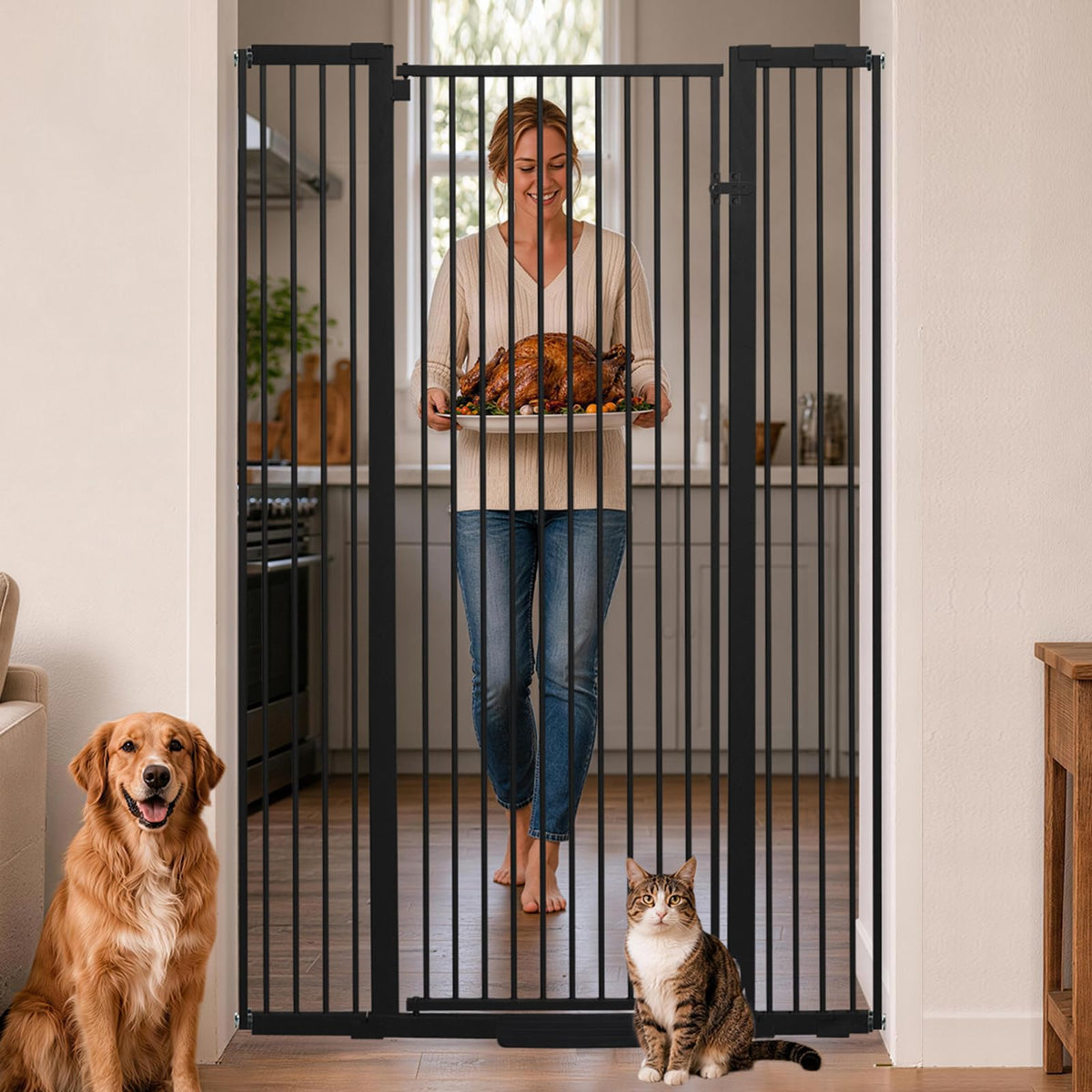 55" Extra-Tall Full-Height Anti-Jump Cat & Pet Safety Gate with Narrow Bar Spacing & Double-Lock Walk-Through Door for Doorways & Stairs