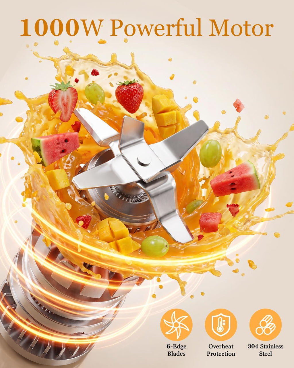 Smoothies Blender, 1000W High Power Household Kitchen Countertop Blender for Protein and Shakes, Personal Smoothie