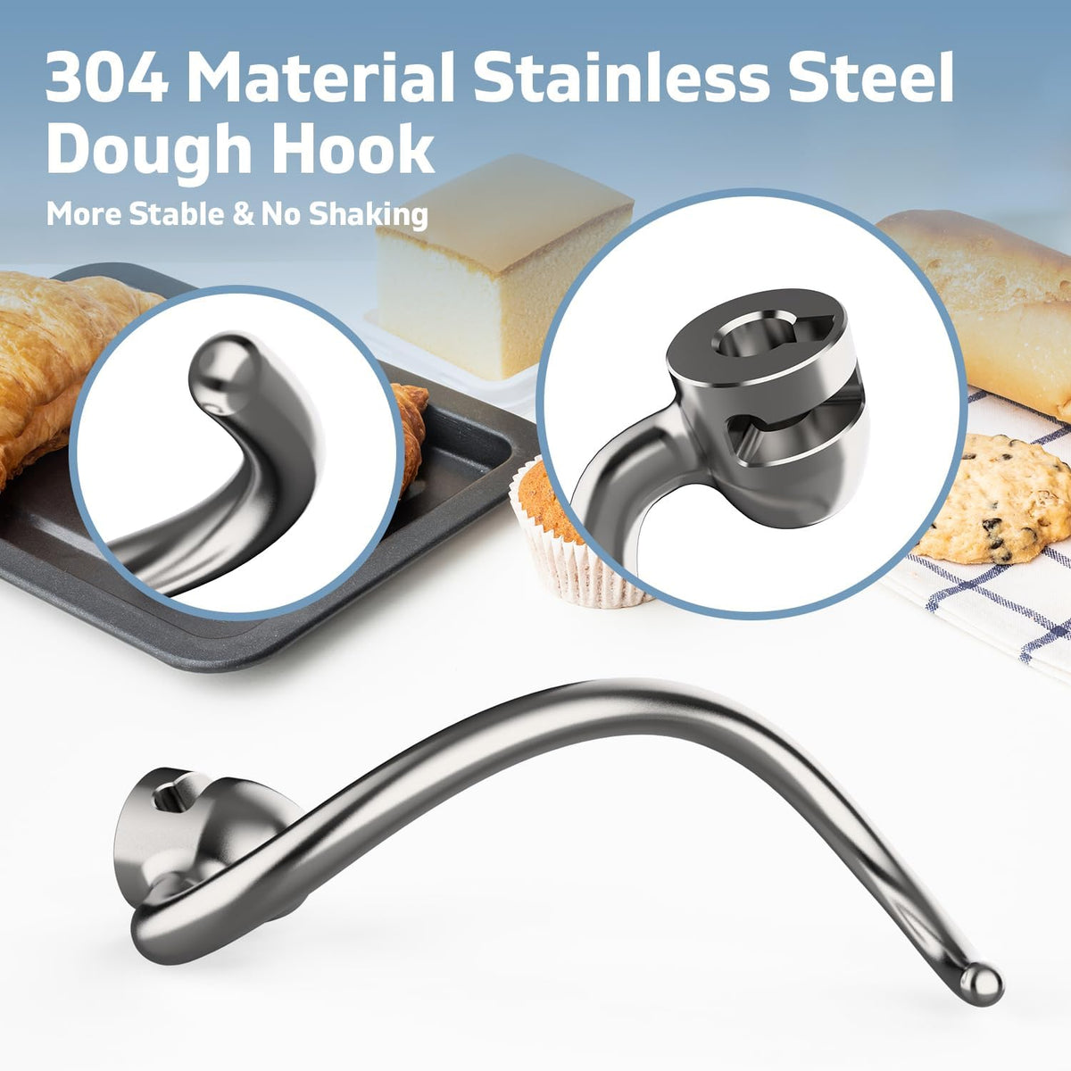 Stainless Steel Dough Hook for KitchenAid 5QT-6QT Bowl-Lift Stand Mixers, Fits Professional 5 Plus, Pro 600 Series