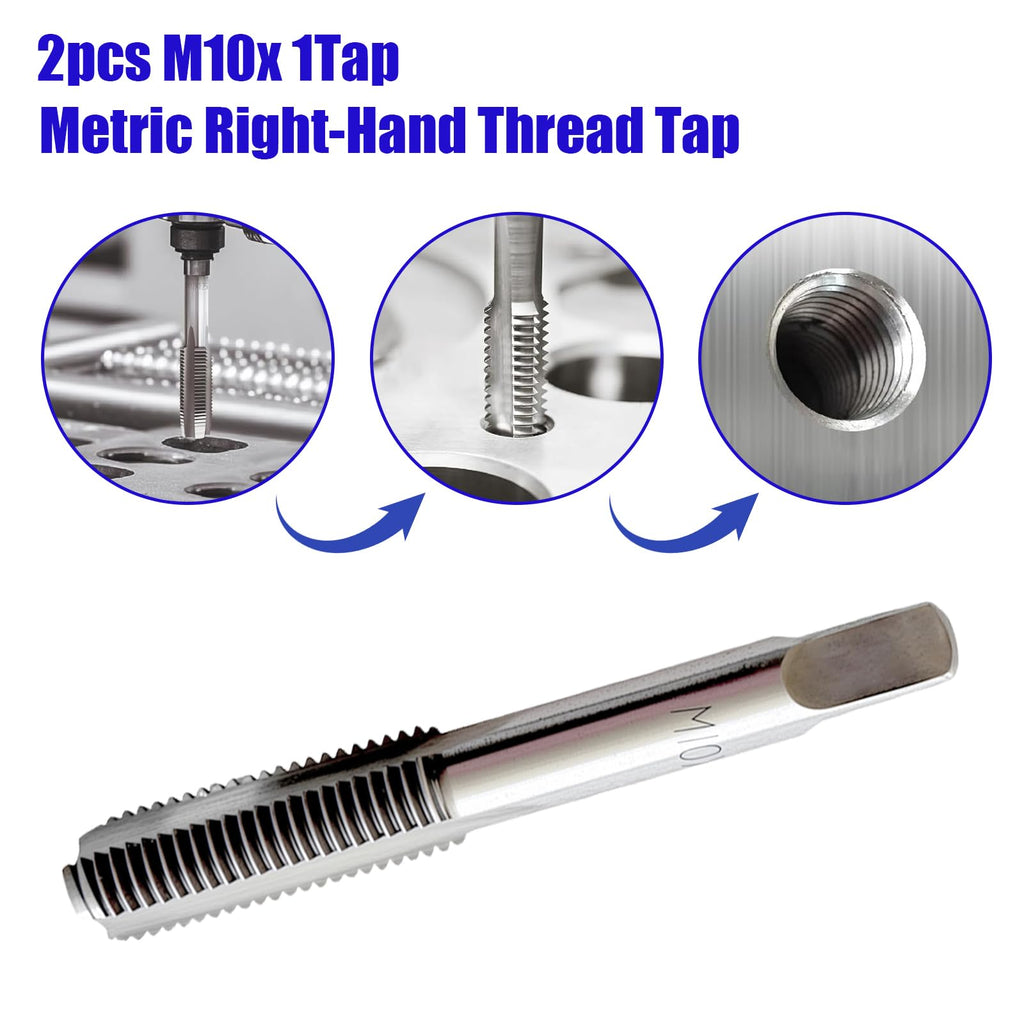 2Pack M10 x 1.0 Metric Thread Tap, M10 x 1.0mm High-Speed Steel Hand Tap,Right Hand Thread Tap 1Pair