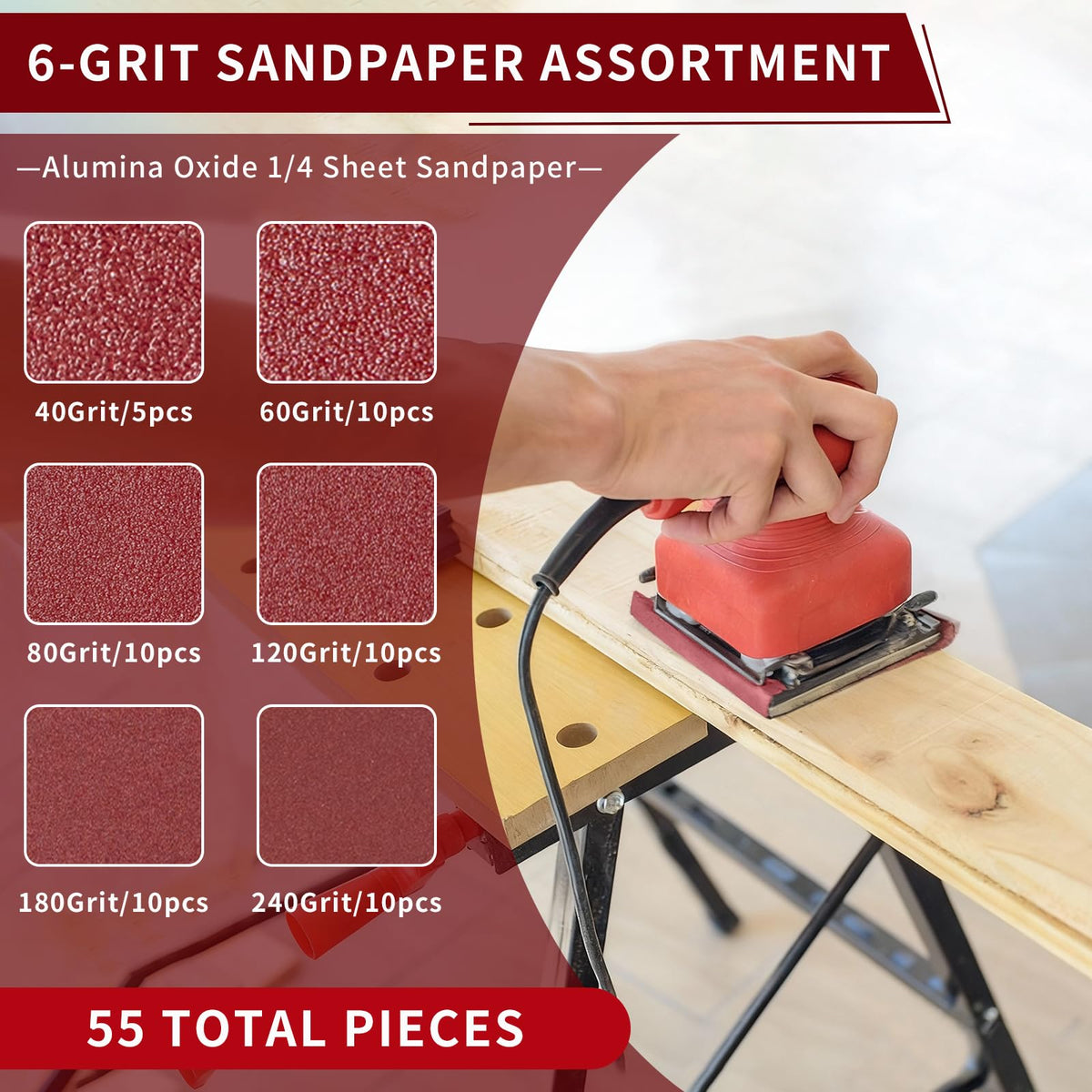 55 Pcs 1/4 Sheet Sandpaper,4-1/2 x 5-1/2 Inch 40 60 80 120 180 240 Grit
