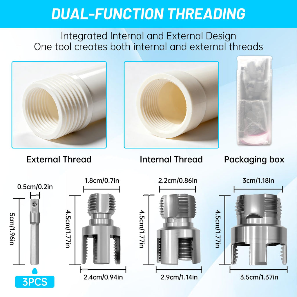 3PCS PVC Pipe Threader Kit,Internal&External Threading Tool(1/2",3/4",1")