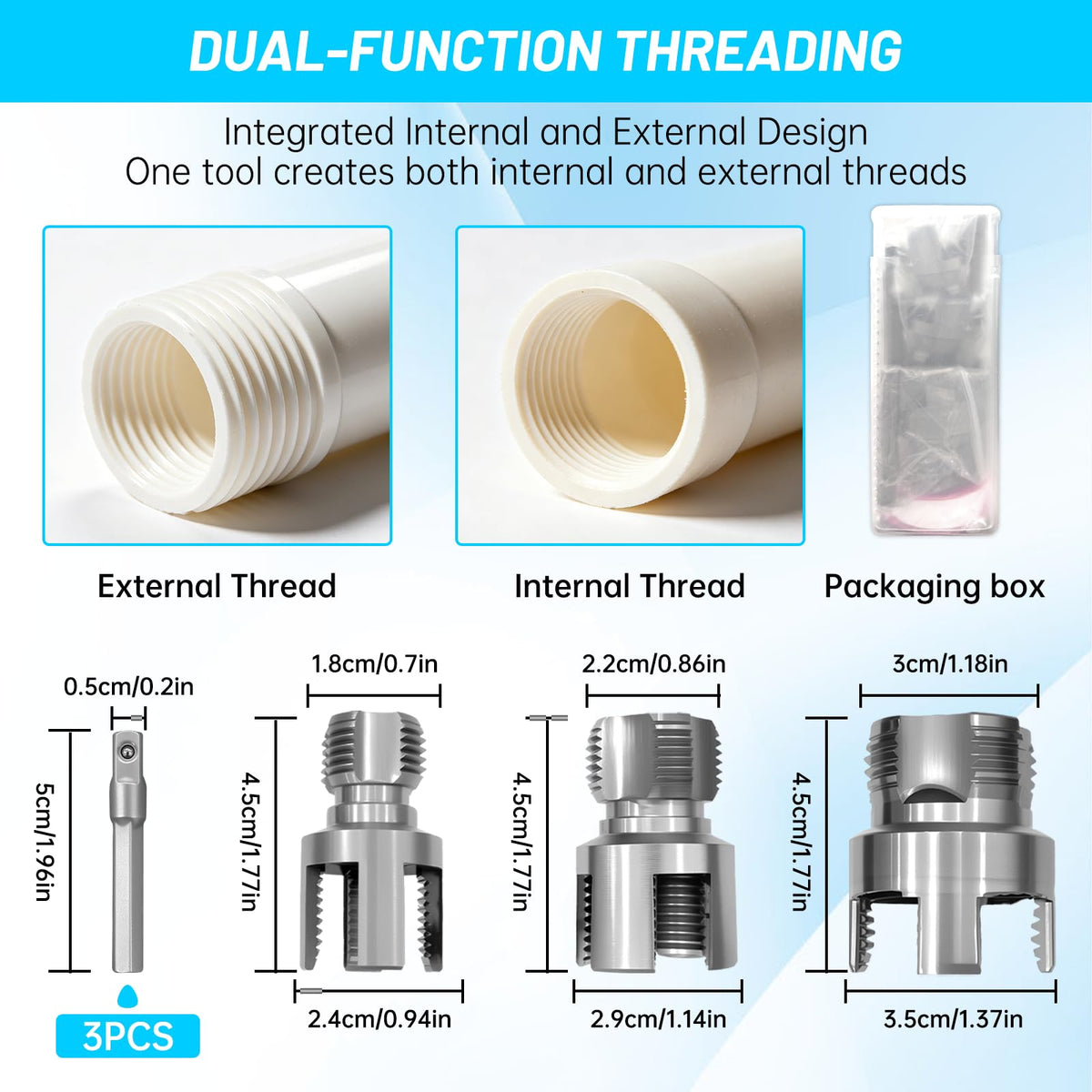 3PCS PVC Pipe Threader Kit,Internal&External Threading Tool(1/2",3/4",1")