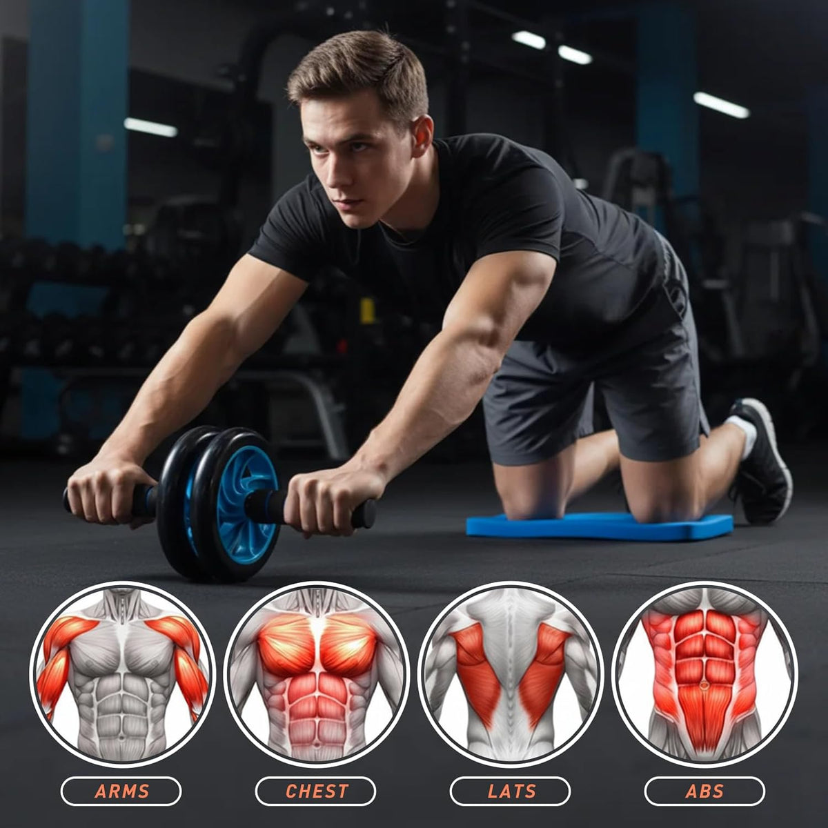 AB Wheel Roller Kit with Push-Up Bar, Knee Mat, Jump Rope and Hand Gripper - Home Gym Workout for Men Women Core