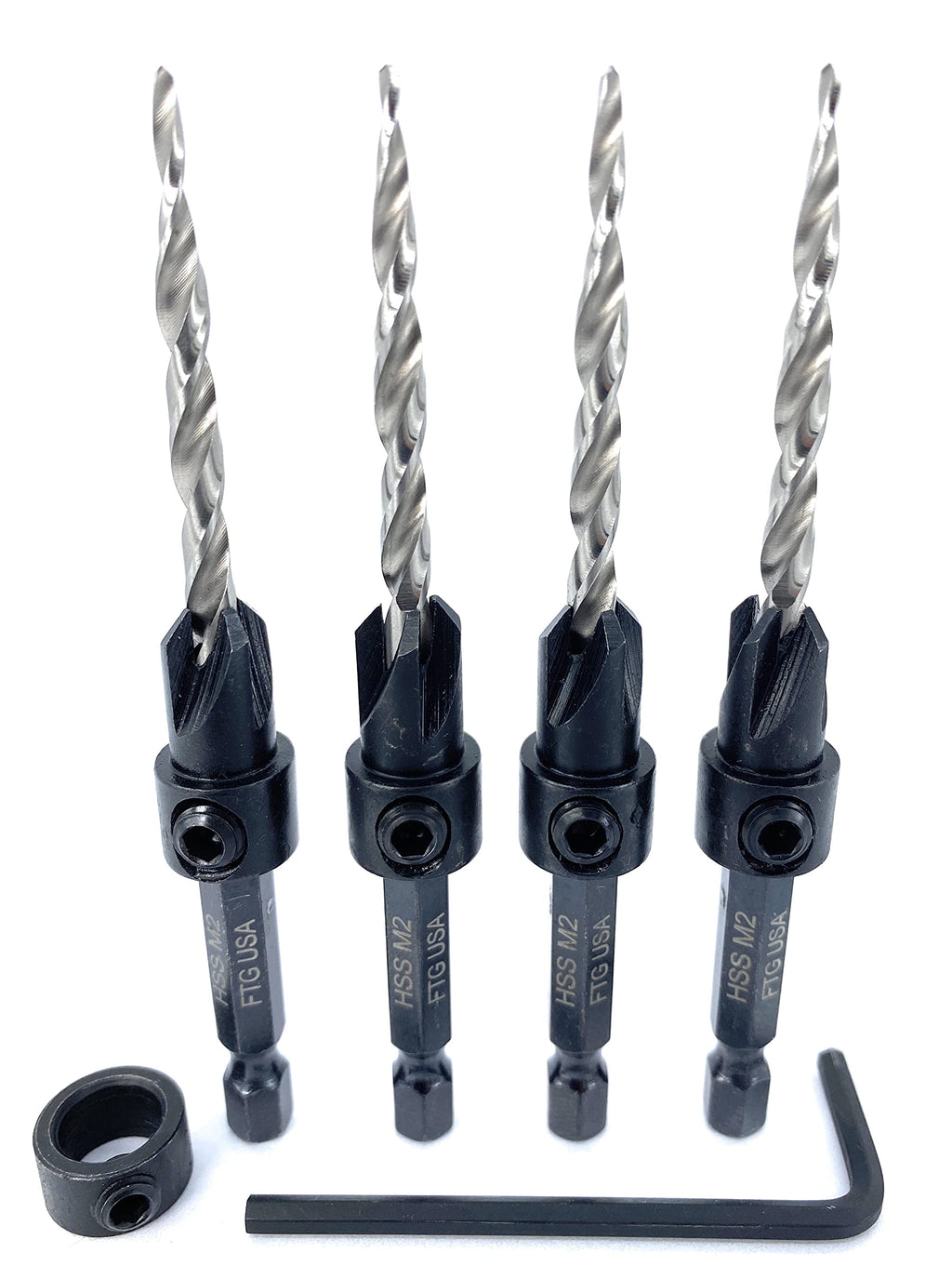 FTG USA 4 Pc #8 (11/64") Tapered Countersink Drill Bit Set with 1 Stop