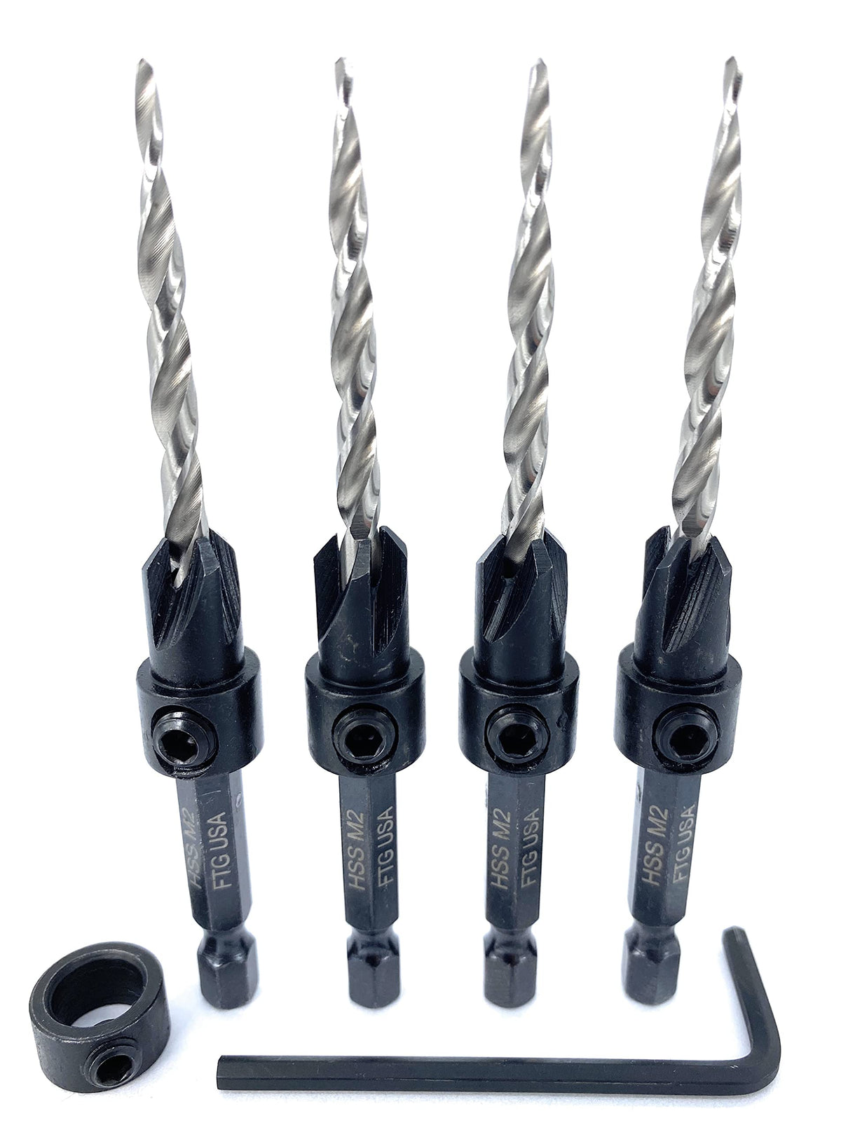 FTG USA 4 Pc #8 (11/64") Tapered Countersink Drill Bit Set with 1 Stop