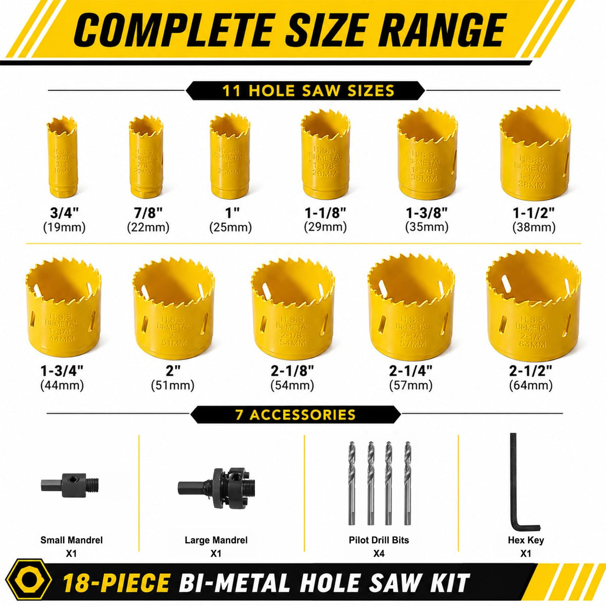 KATA 18 Piece Bi Metal Hole Saw Kit 3/4"-2-1/2" for Wood Metal PVC Drywall
