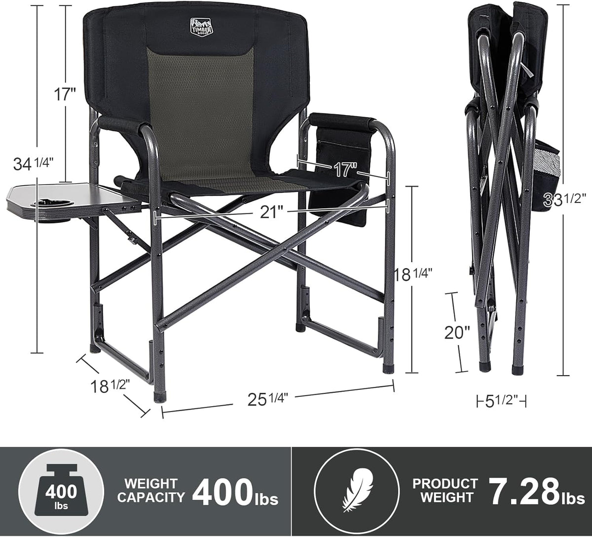 Aluminum Oversized Camping Chair, Support 400lbs | Lightweight Directors Chair Foldable with Side Table Detachable