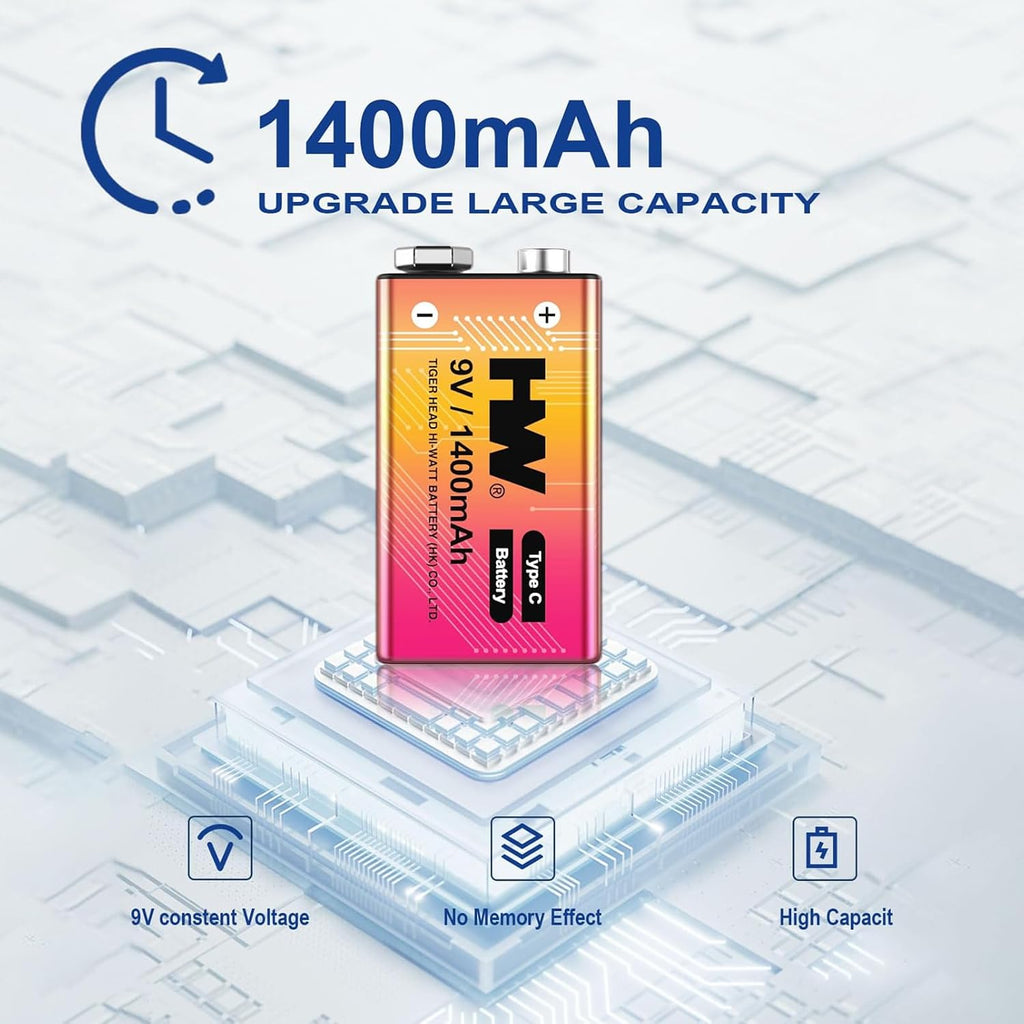 9 Volt Batteries 4 Pack, 1400mAh Rechargeable Lithium Battery 9V with USB C Fast Charging Cable, 1000 Cycles Square