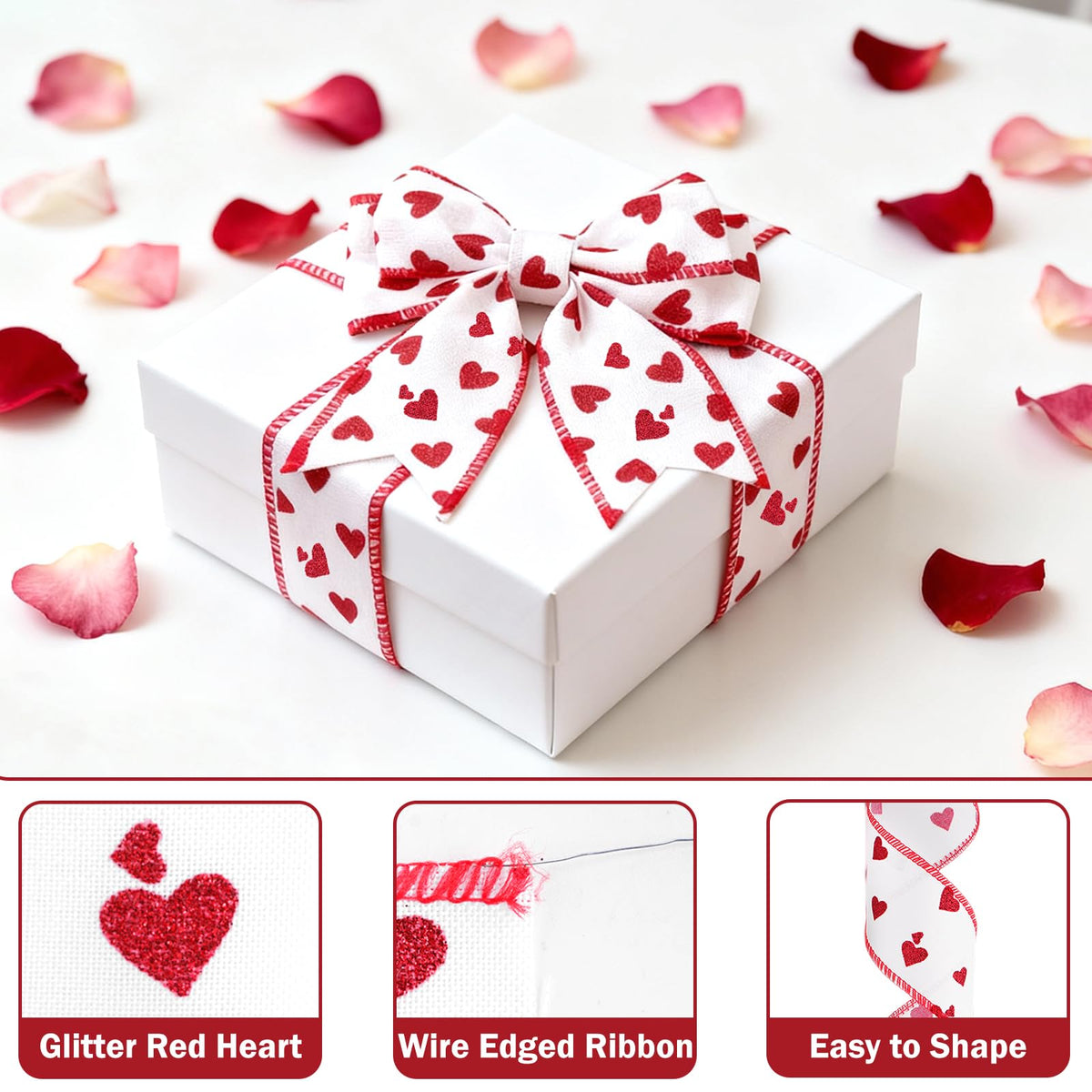 Valentine Heart Ribbon Wired Edge - 1-1/2 Inch x 11 Yards Fabric Red Ribbon with Glitter Heart, Happy Valentines Day