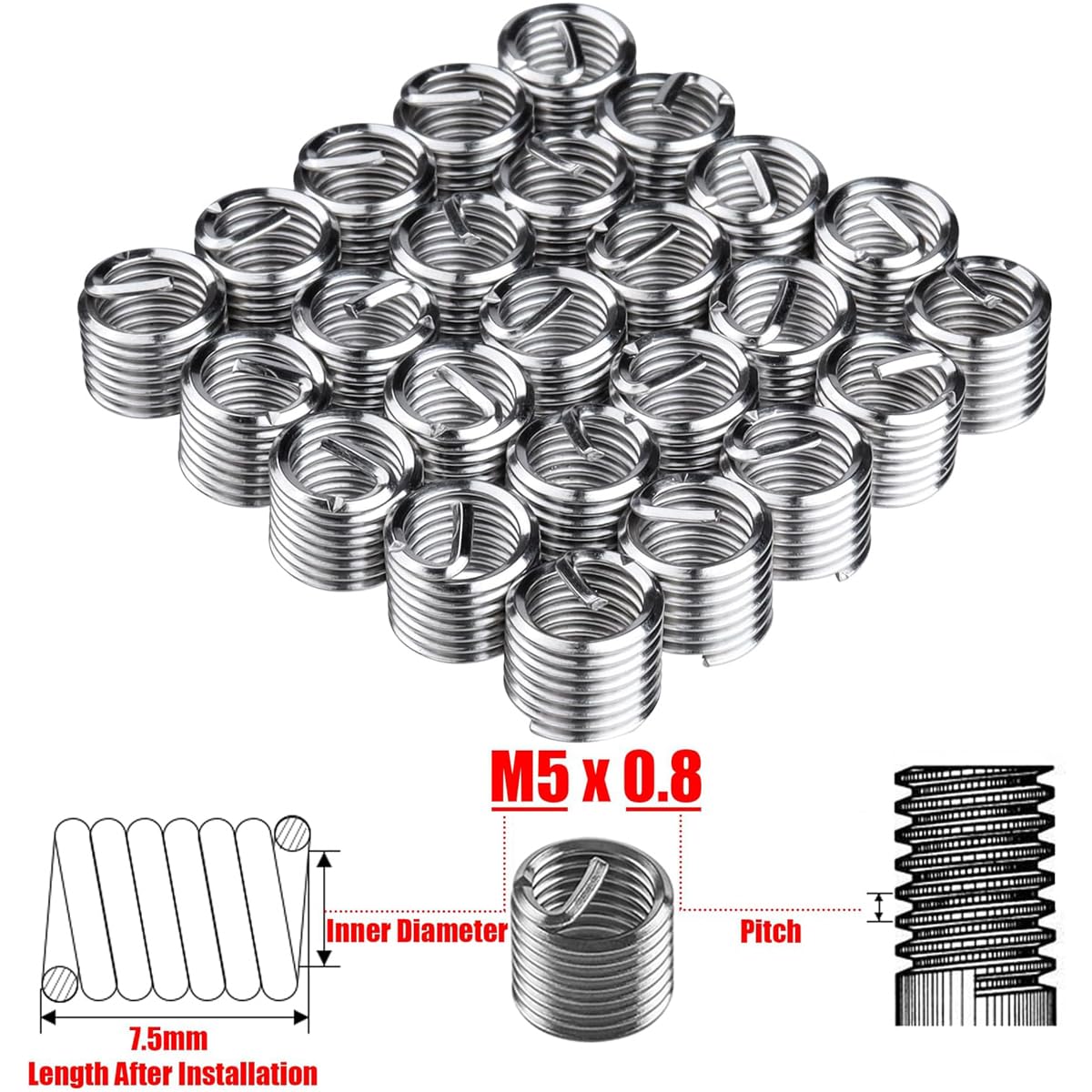 Wolfride 30PCS M5 Thread Repair Kit M5 x 0.8mm Helicoil Insertion Tool Thread Restoring Kit