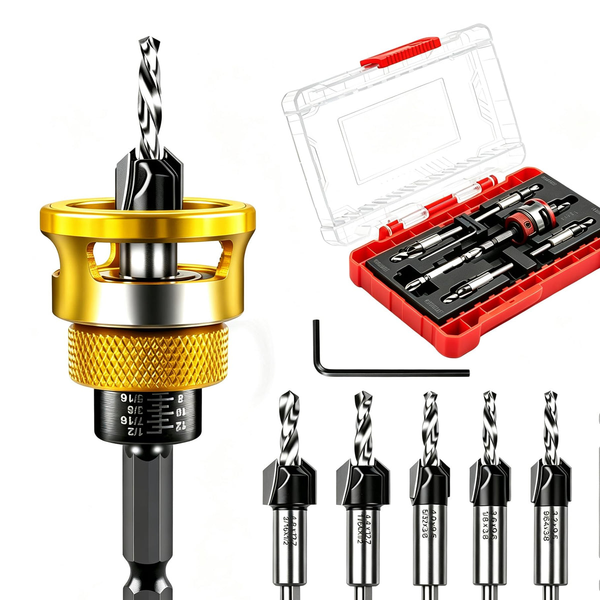 Countersink Drill Bit Set with Adjustable Depth Stop, 5PCS TCT Cutters