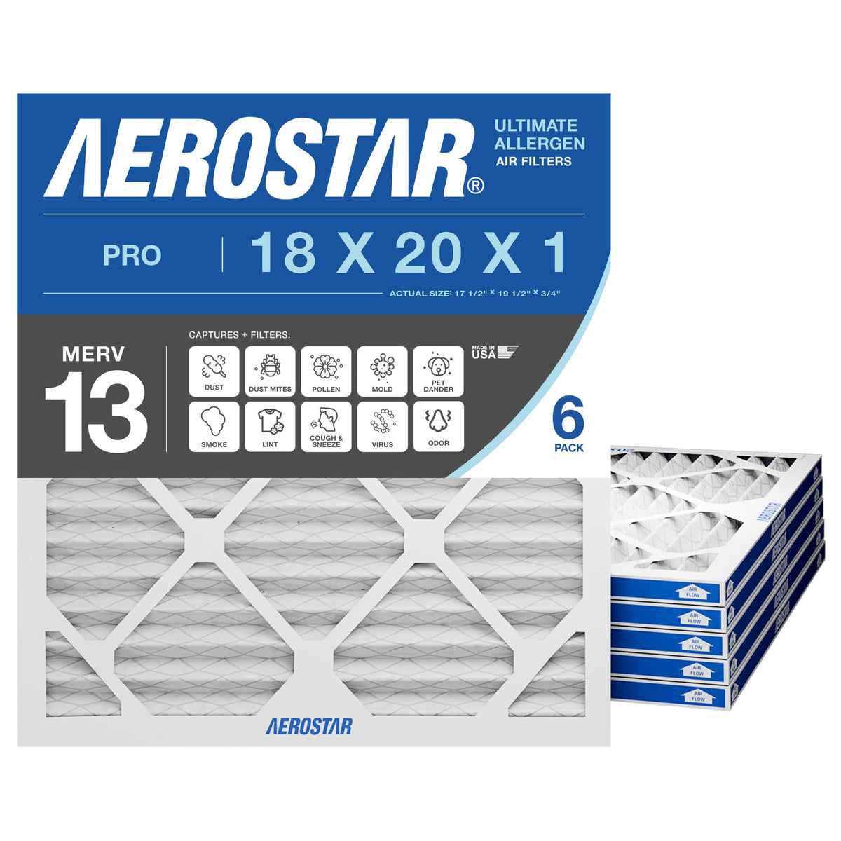 Air Filter 18x20x1 MERV 13 AC Filter, HVAC, Furnace Filter, 6 Pack